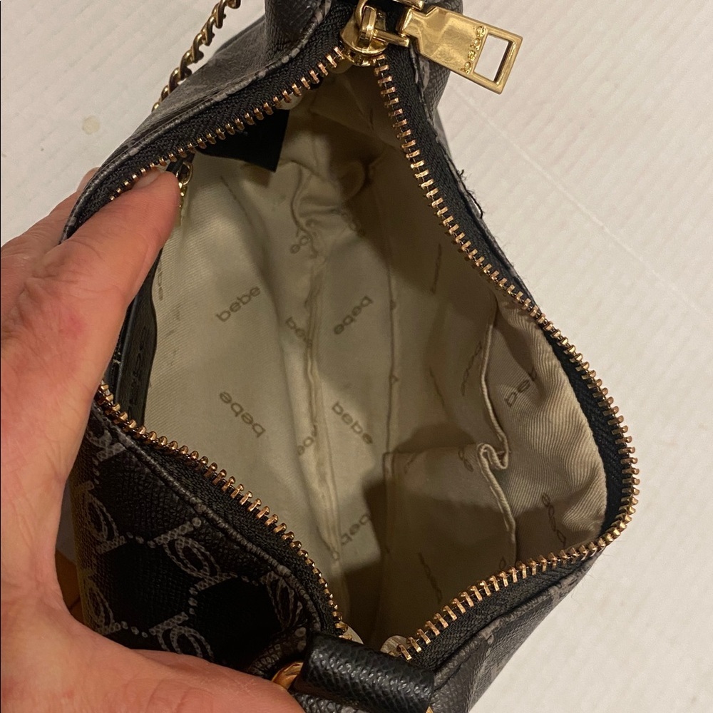 Bebe Small Compact Monogram Brown & Gold Shoulder Bag with removable chain - Picture 12 of 16